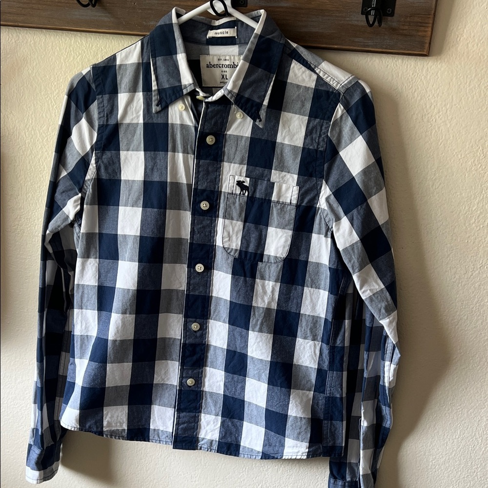 Abercrombie & Fitch boys Navy and White Check Button-Down Shirt